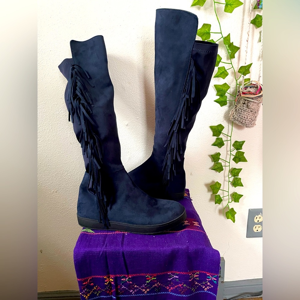 Above knee fringe boot. Faux blue leather -NEW
